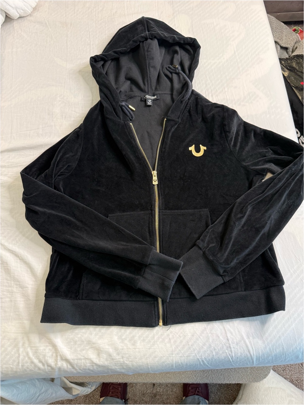 True Religion Black Velour Zip Hooded Jacket with Gold Logo